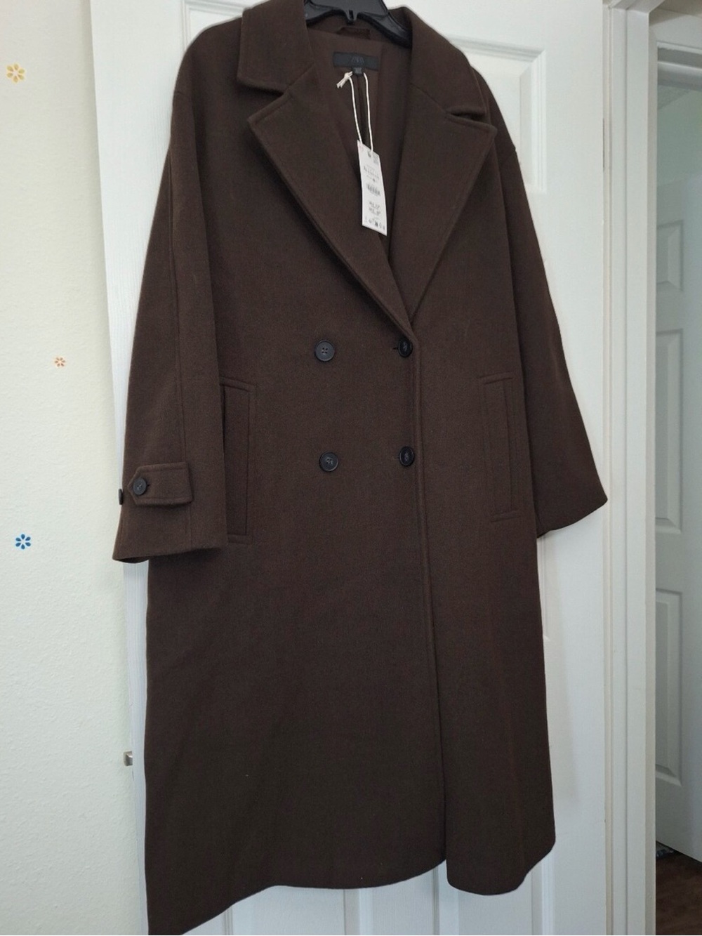 Wool-Blend Double-Breasted Long Coat - Dark Plum